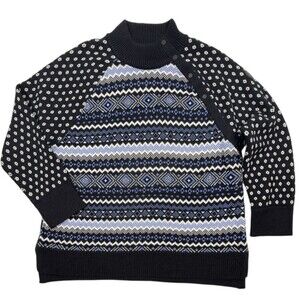 T by Talbots Thermolite Snap Mockneck Fair Isle Sweater Black Blue XL
